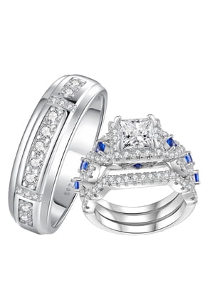 Wedding Rings Set for His and Hers 4pcs Engagement Rings Sapphire Silver Plated Couple Rings Set Size 8&6