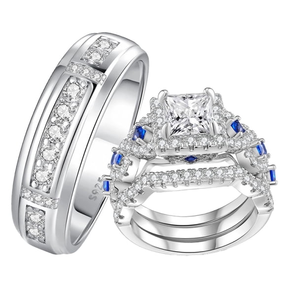SFTING Wedding Rings Set for His and Hers 4pcs Engagement Rings Sapphire Silver Plated Couple Rings Set Size 9&7