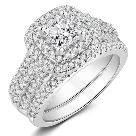 SFTING Wedding Rings Set for Women Halo Princess Cut 5A CZ Engagement Rings Silver Plated Jewelry Anniversary Gift for Her Size 7