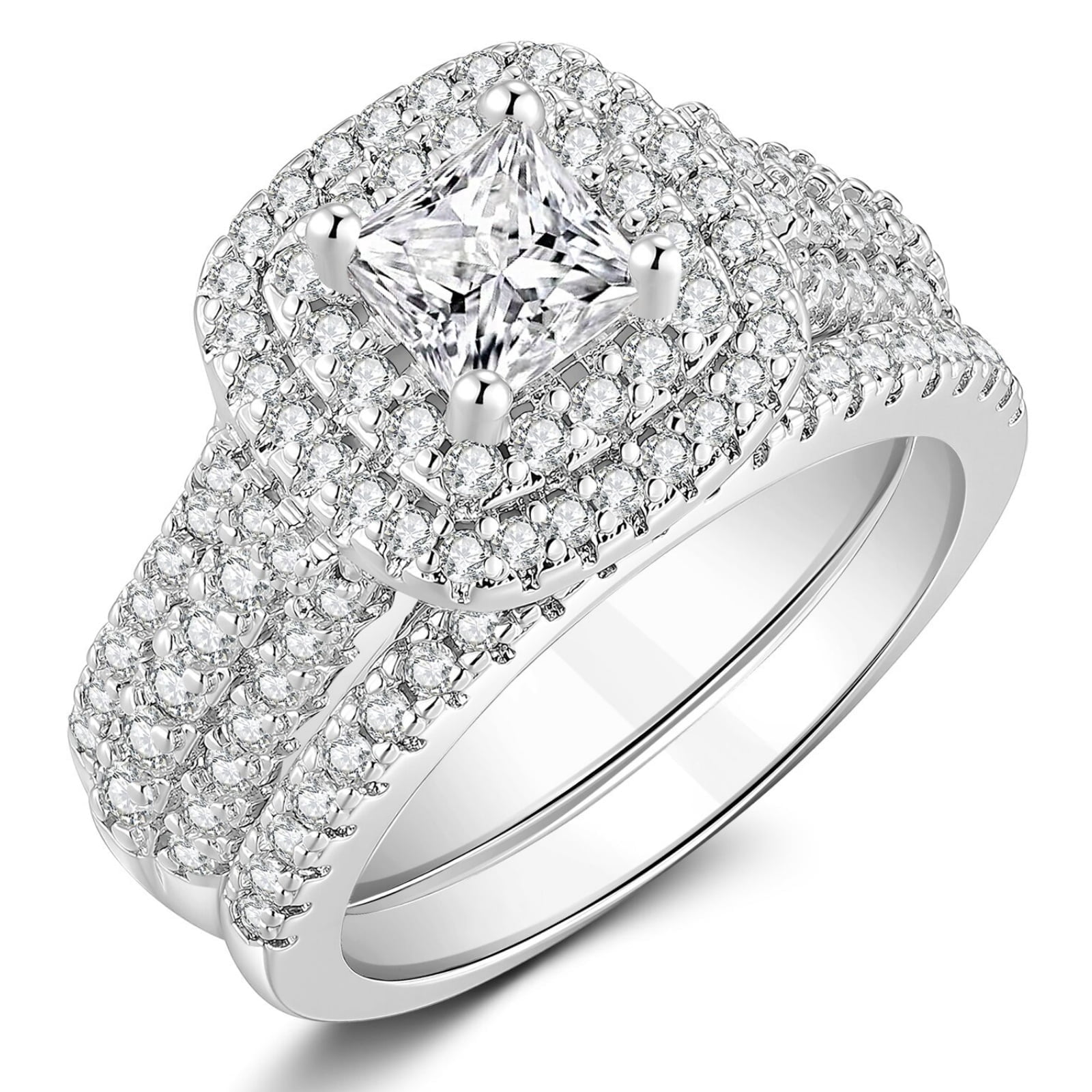 SFTING Wedding Rings Set for Women Halo Princess Cut 5A CZ Engagement Rings Silver 18K Plated Jewelry Anniversary Gift for Her Size 9