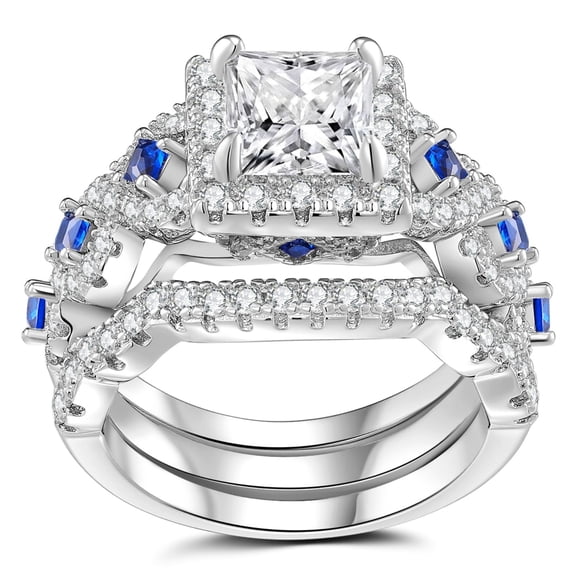 SFTING Wedding Rings Set for Women Princess Cut Engagement Rings Wedding Set Silver 18K Plated 5A CZ Sapphire Promise Size 7