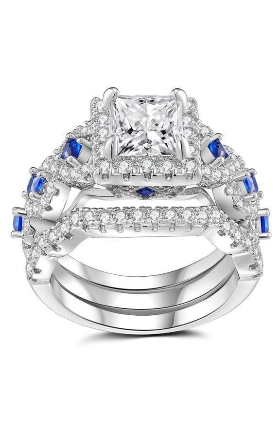 Wedding Rings Set for Women Princess Cut Engagement Rings Wedding Set Silver 18K Plated 5A CZ Sapphire Promise Size 7