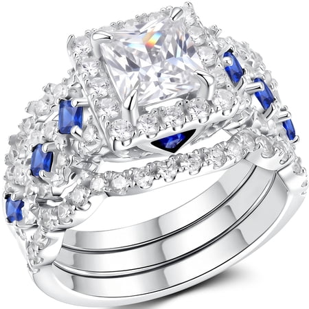 SFTING Wedding Rings Set for Women Princess Cut Engagement Rings Wedding Set Silver Plated 5A CZ Sapphire Promise Size 7
