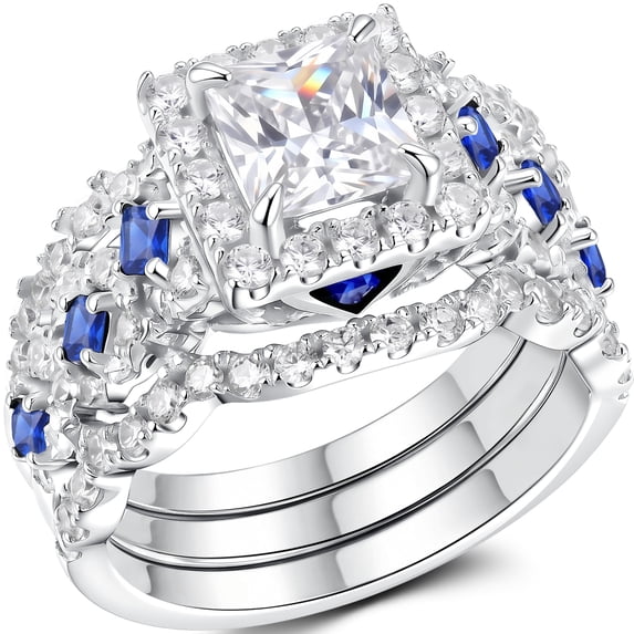 SFTING Wedding Rings Set for Women Princess Cut Engagement Rings Wedding Set Silver Plated 5A CZ Sapphire Promise Size 7
