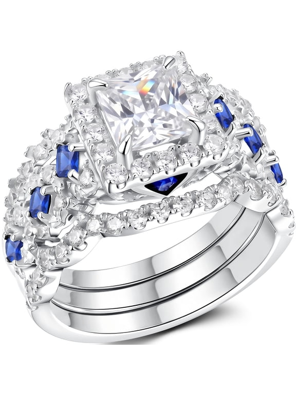 Wedding Rings Set for Women Princess Cut Engagement Rings Wedding Set Silver Plated 5A CZ Sapphire Promise Size 9
