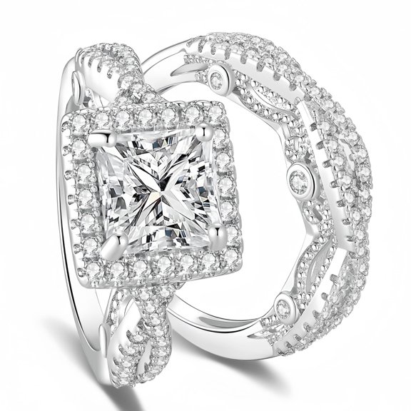 SFTING Wedding Rings Set for Women Princess Cut Twisted Halo Engagement Rings 5A CZ Silver Plated Anniversary Mother's Day Gift for Her Size 10