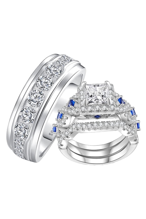 Wedding Rings Sets for Him and Her 4pcs Couple Rings Set Sapphire Silver Plated Engagement Anniversary Rings Size 10&9
