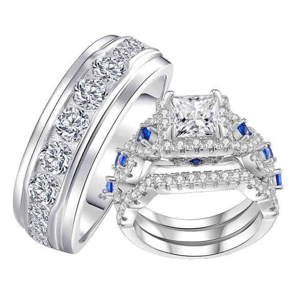 SFTING Wedding Rings Sets for Him and Her 4pcs Couple Rings Set Sapphire Silver Plated Engagement Anniversary Rings Size 9&7