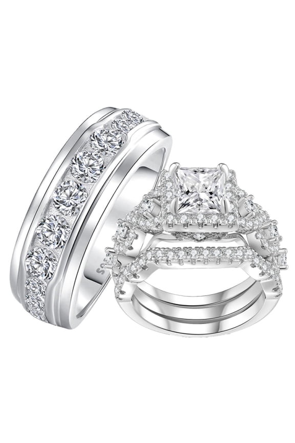 Wedding Rings Sets for Him and Her Couple Women Men Wedding Band Silver Plated Engagement Valentine Gift Size 11&7