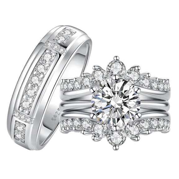 SFTING Wedding Rings Sets for Him and Her Moissanite Women Engagement Rings Set for Couples Silver Plated Size 9&7