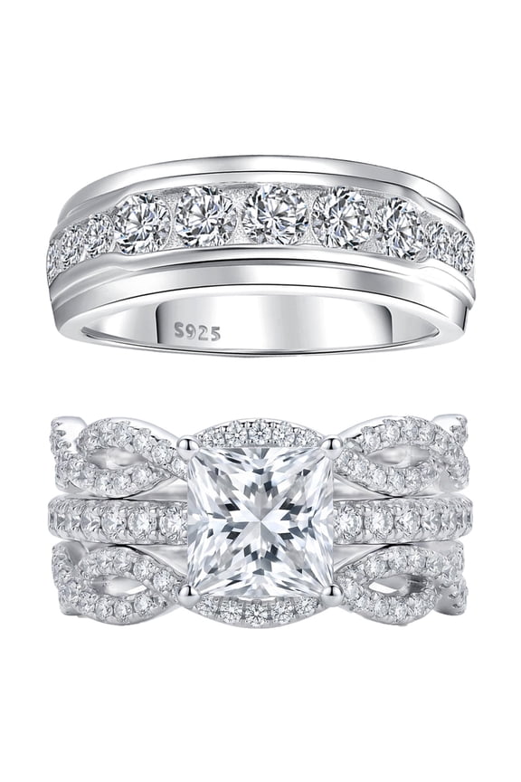 Wedding Rings Sets for His and Her Couple Rings Set Silver Plated Men Ring Engagement Promise Rings Size 10&7