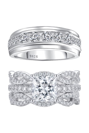 Wedding Rings Sets for His and Her Couple Rings Set Silver Plated Men Ring Engagement Promise Rings Size 8&6