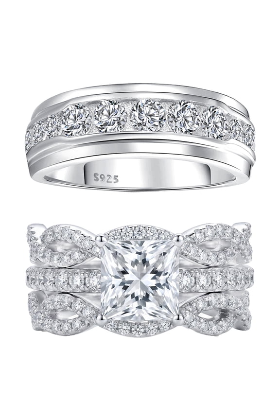 Wedding Rings Sets for His and Her Couple Rings Set Silver Plated Men Ring Engagement Promise Rings Size 9&7