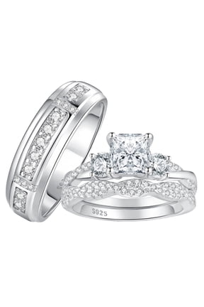 Wedding Rings Sets for His and Her Princess Round Cut 925 Sterling Silver Engagement Couple Rings Silver Plated Valentine Gift Size 8&6