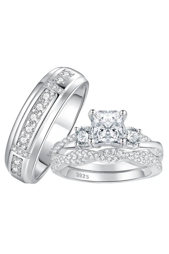 Wedding Rings Sets for His and Her Princess Round Cut 925 Sterling Silver Engagement Couple Rings Silver Plated Valentine Gift Size 8&6