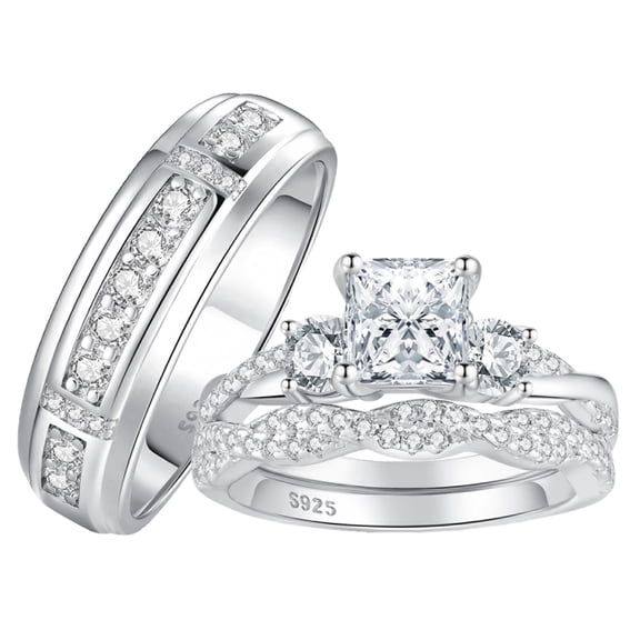 SFTING Wedding Rings Sets for His and Her Princess Round Cut 925 Sterling Silver Engagement Couple Rings Silver Plated Valentine Gift Size 9&7
