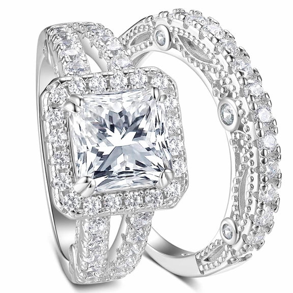 SFTING Wedding Rings for Women 3CT Princess Cut 5A CZ Halo Vintage Engagement Ring Set Silver 18K Plated Wedding Band Size 7