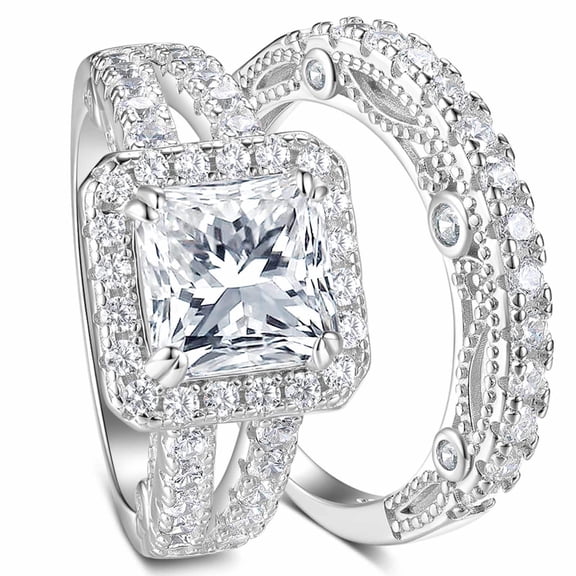 SFTING Wedding Rings for Women 3CT Princess Cut 5A CZ Halo Vintage Engagement Ring Set Silver Plated Wedding Band Size 7