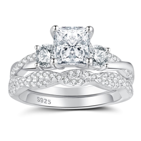 SFTING Wedding Rings for Women 925 Sterling Silver 5A CZ Engagement Rings for Women Three Stones Princess Cut Anniversary Size 5.5