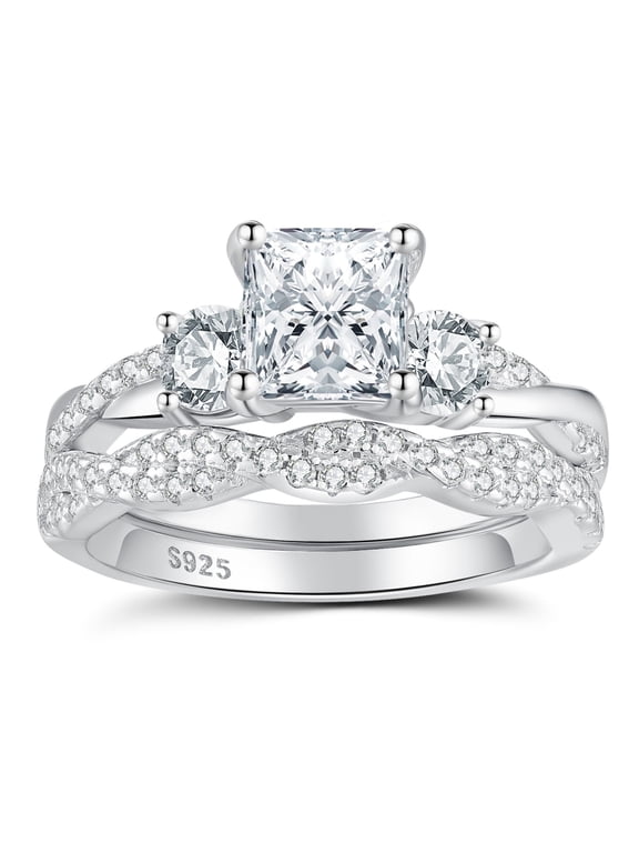 Wedding Rings for Women 925 Sterling Silver 5A CZ Engagement Rings for Women Three Stones Princess Cut Anniversary Size 7.5
