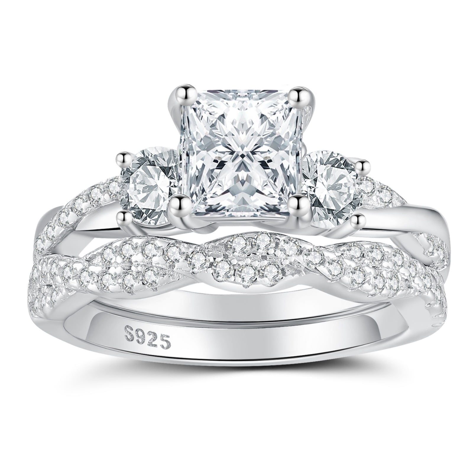 SFTING Wedding Rings for Women 925 Sterling Silver 5A CZ Engagement Rings for Women Three Stones Princess Cut Anniversary Size 7