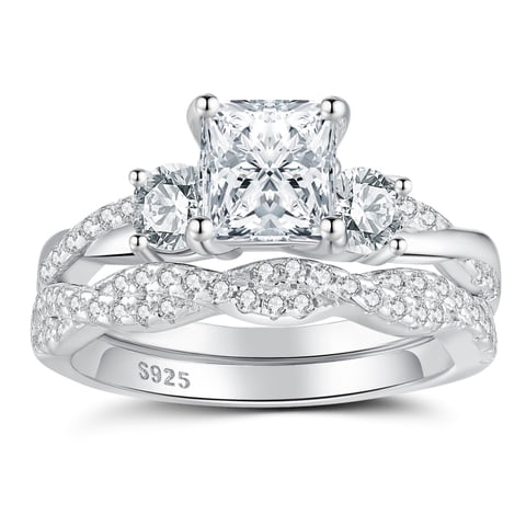 Wedding Rings for Women 925 Sterling Silver 5A CZ Engagement Rings for Women Three Stones Princess Cut Anniversary Size 7