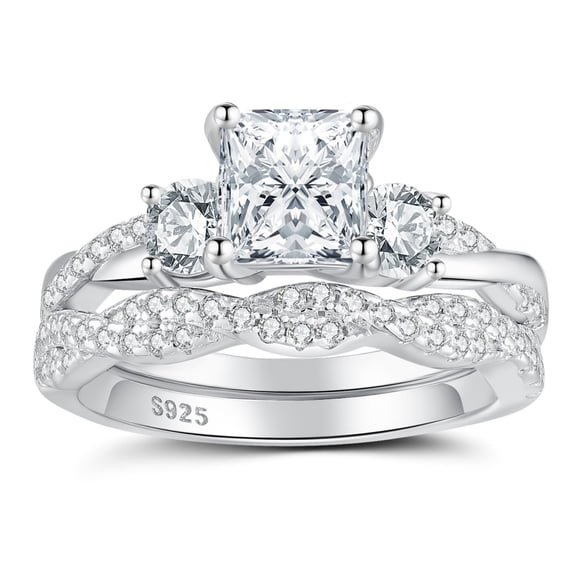 SFTING Wedding Rings for Women 925 Sterling Silver 5A CZ Engagement Rings for Women Three Stones Princess Cut Anniversary Size 7