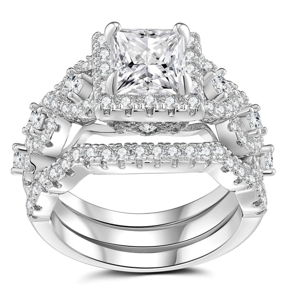 SFTING Wedding Rings for Women Princess Cut Engagement Wedding Rings Set Silver 18K Plated 5A CZ Anniversary Size 7