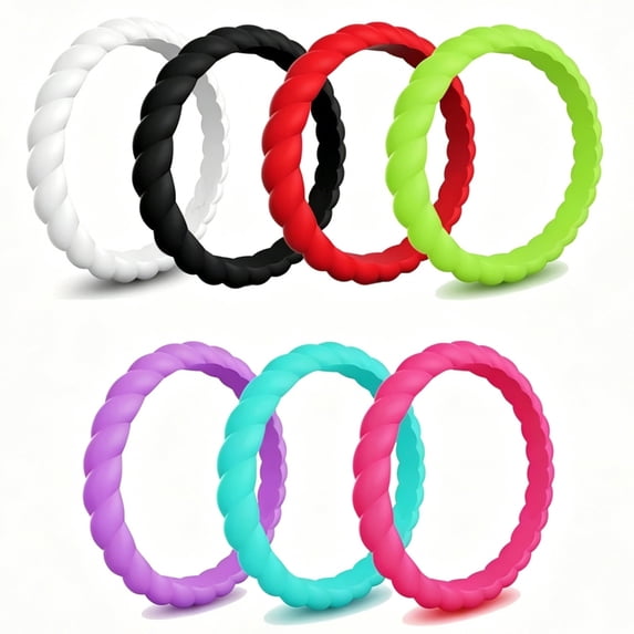 SFTING Silicone Rings Set for Women 7 Pack Braided Stackable Colorful Rubber Thin Wedding Bands Size 7