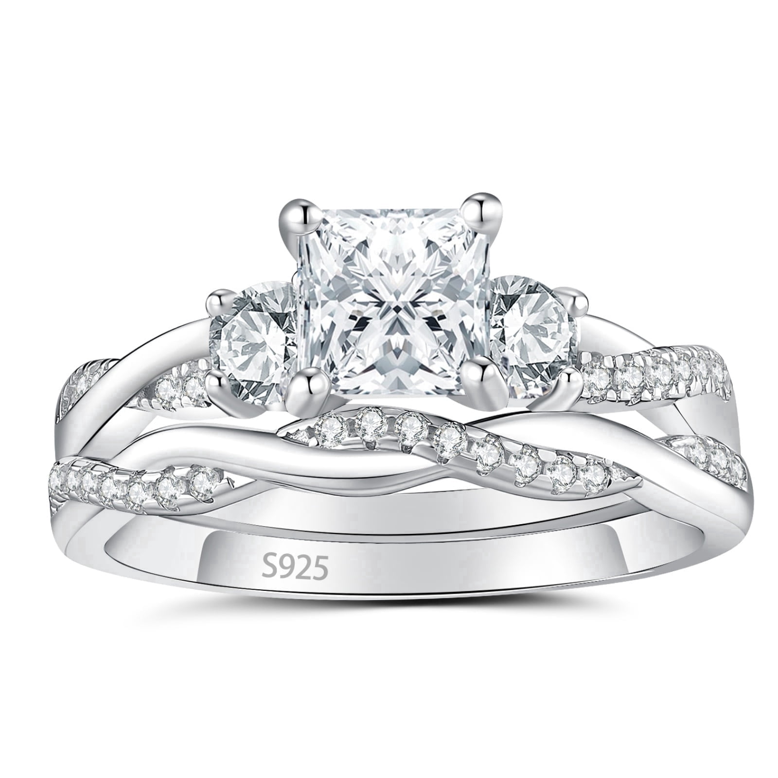 SFTING Wedding Rings for Women 925 Sterling Silver Three Stone Princess Cut Wedding Rings Set 5A CZ Promise Engagement Rings for Her Size 7
