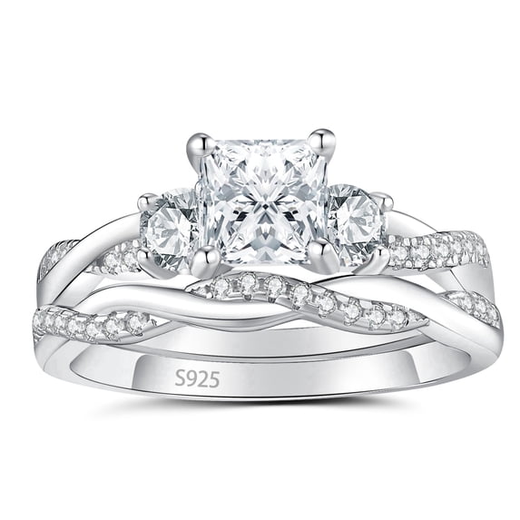 SFTING Wedding Rings for Women 925 Sterling Silver Three Stone Princess Cut Wedding Rings Set 5A CZ Promise Engagement Rings for Her Size 7