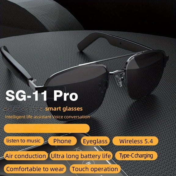 SG 11 Pro smart Audio Glasses: AI Voice CONTROL, Touch Interface, Wireless 5.4, Air Conduction Earbuds, Long Battery Life, Type-C, Sport Fit, Handsfree Calling - Unisex Black