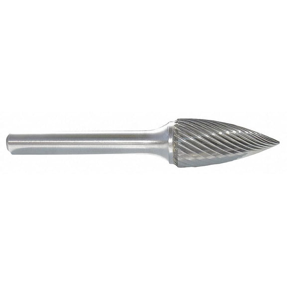 SG-53 Tree Shape With Pointed End, 3/16" Diameter Carbide Burr, Single Cut. 1/8" Shank, 1/2" Length Of Cut, 1.500" Overall Length.