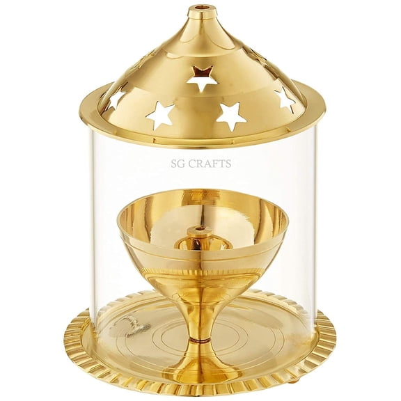 SG CRAFTS Brass Akhand Diya for Puja with Borosilicate Glass Cover, Glass Oil Lamp, Decorative Brass Diya. ((7 inch/Large))