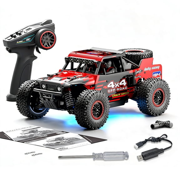 SG202-PRO 40KMH 1/20 Scale RC Crawler 4WD Full Proportional Off Road Truck With Metal Drivetrain Waterproof Electronics LED Lights Remote Control Hobby Grade Vehicle- Red / Brushless Version
