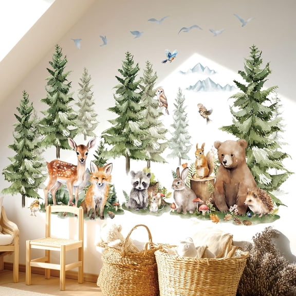 SG4-2422 Large Pine Trees and Forest Animals Wall Decal Stickers Mountain Bear Fox Peel and Stick Wall Art Decals for Kids Room Baby Nursery Woodland Wallpaper Living Bedroom$$Tools