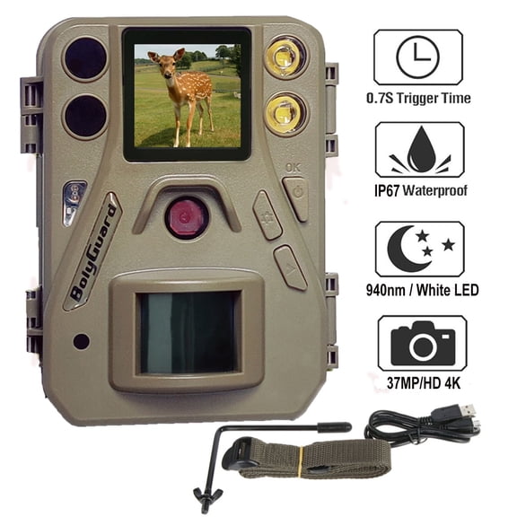 Boly Hunting Trail Game Camera DUAL FLASH 940nm & White LED (Color or Black & White images at Days & Nights)37MP 4K