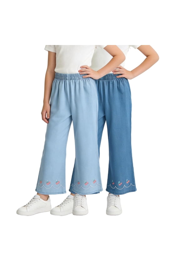 2 Pack Girls Ice Silk Jeans, Kids Straight Wide Leg Denim Pants with Pockets Baggy Casual High Waist Trousers Blue Size 7-8 Years