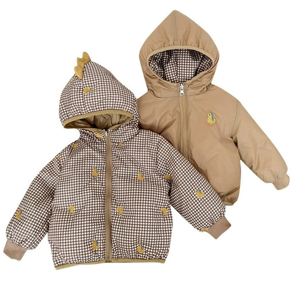 SGFCWSX Baby Double Sided Puffer Jacket Boys Girls Dinosaur Horn Hood Cute Print Warm Winter Coat Khaki Size 9-12 Months
