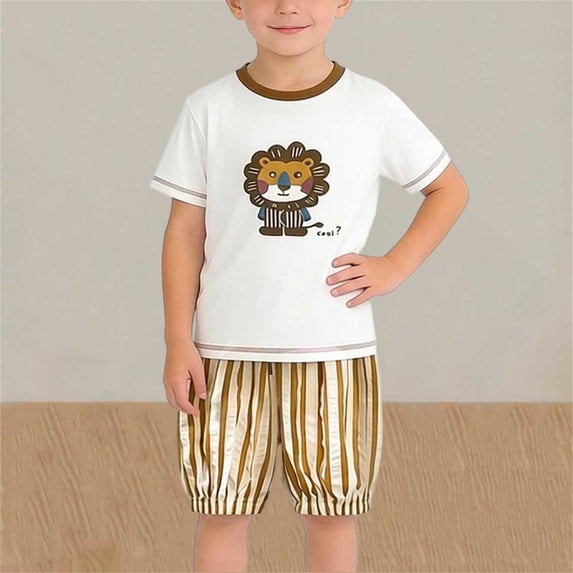 SGFCWSX Boys 2 Piece Outfits Summer Print Short Sleeve T Shirt Striped Elastic Waist Shorts Casual Set for Kids Khaki Size 8