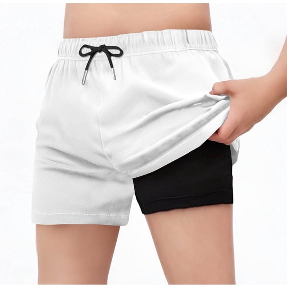 SGFCWSX Boys 2-in-1 Athletic Shorts Quick Dry Elastic Waist Running Swimming Compression Liner Shorts for Kids White Size 10-11 Years