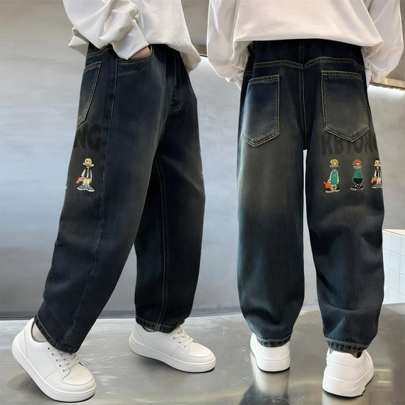 SGFCWSX Boys Baggy Jeans for Kids Graphic Wide Leg Denim Pants with Pockets Elastic Waist Loose Fit Trousers Black Size 5-6 Years