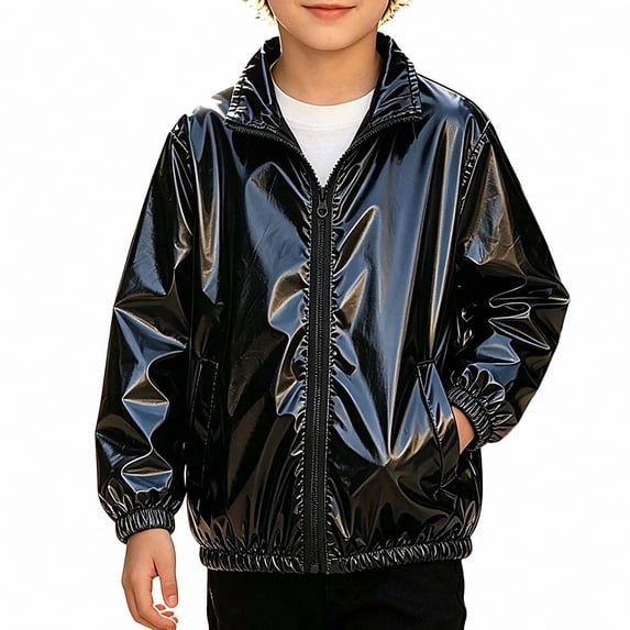 SGFCWSX Boys Bomber Jacket Metallic Zip Up Lightweight Shiny Windbreaker Coat Black Size 12