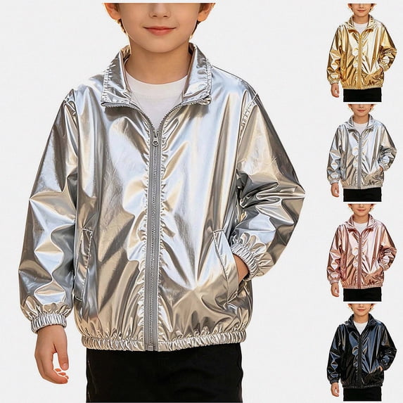 SGFCWSX Boys Bomber Jacket Metallic Zip Up Lightweight Shiny Windbreaker Coat Gray Size 6