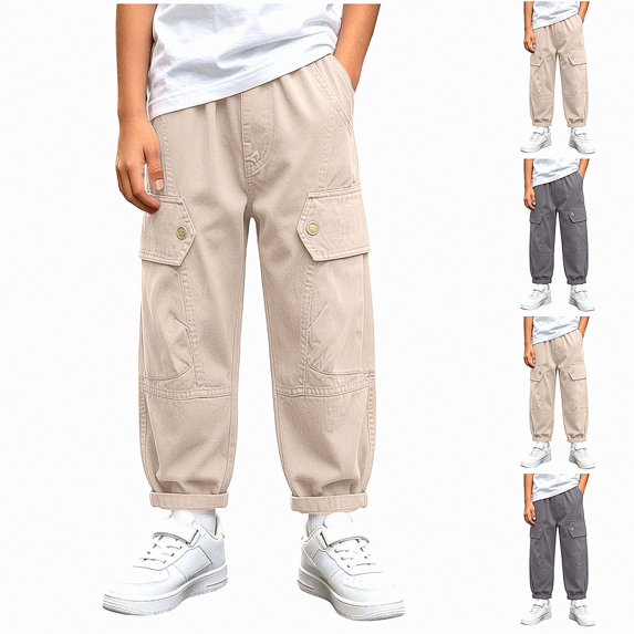 SGFCWSX Boys Cargo Pants Flap Pockets Loose Fit Outdoor School Casual Trousers Khaki Size 7
