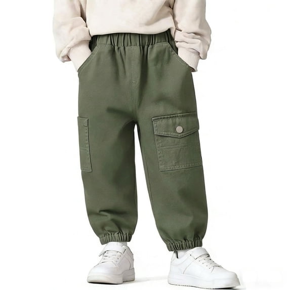 SGFCWSX Boys Cargo Pants Kids Elastic Waist Jogger Casual Cotton Outdoor Trousers with Pockets Green Size 3-4 Years
