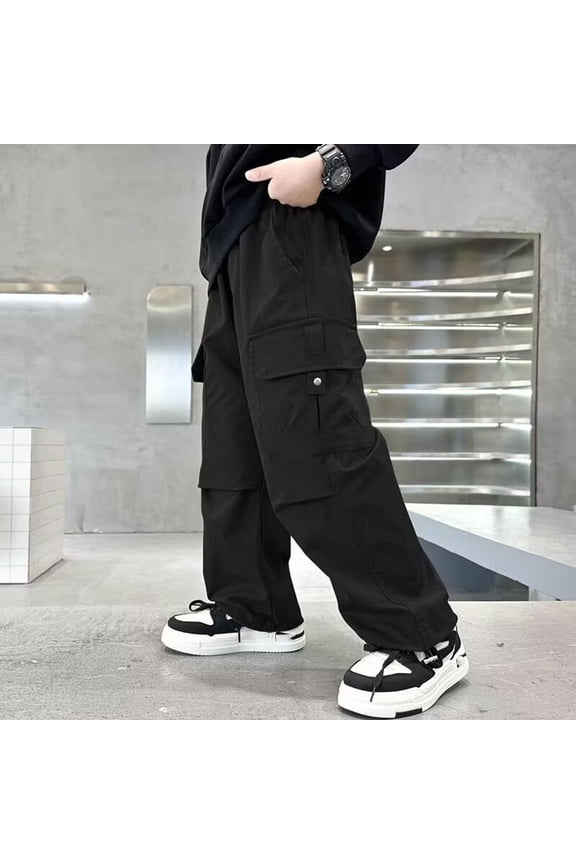 Boys Cargo Pants Kids Elastic Waist Wide Leg Baggy Casual Trousers with Multi Pockets Black Size 11-12 Years