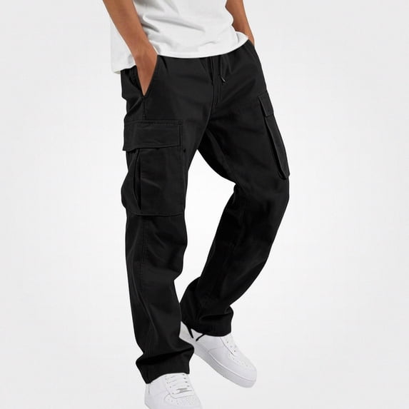 SGFCWSX Boys Cargo Pants, Loose Fit Drawstring Waist Utility Trousers with Multi Pockets for Outdoor Everyday Wear Black Size 9