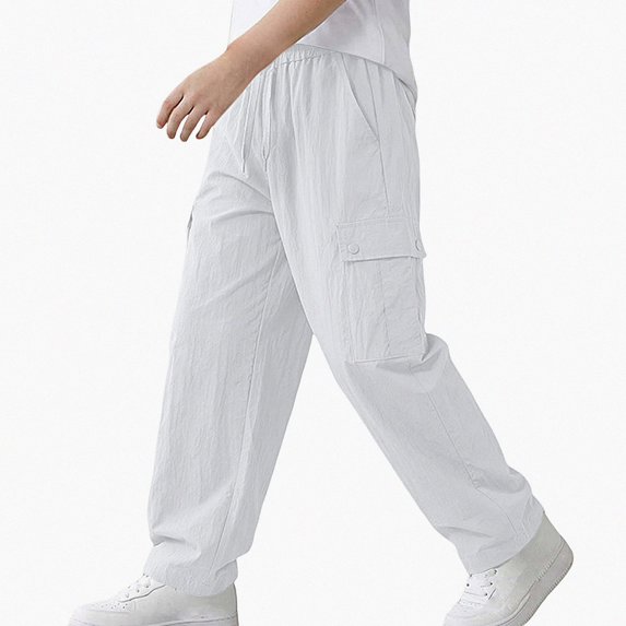 SGFCWSX Boys Cargo Pants, Straight Leg Loose Fit Casual Trousers with Pockets Drawstring Waist for Outdoor Sports White Size 7