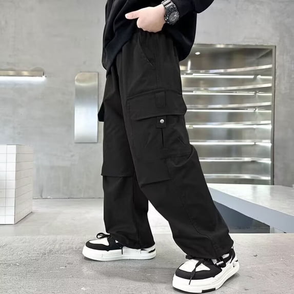 SGFCWSX Boys Cargo Pants Teens Elastic Waist Wide Leg Baggy Casual Trousers with Multi Pockets Black Size 13-14 Years